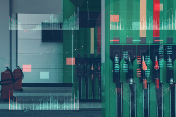 Gas station with fuel dispensers on technological background. Graph of rising prices for gasoline and fuel.