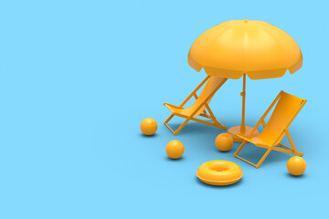 Beach chair with umbrella and beach ball on monochrome blue background.