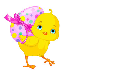 
March 2022, Italy. Image of a yellow chick carrying a pink Easter egg, against a white background