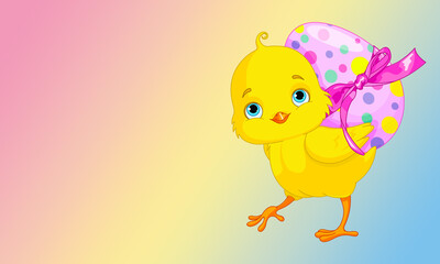 March 2022, Italy. Image of a yellow chick carrying a pink Easter egg, on a blue yellow and pink gradient background