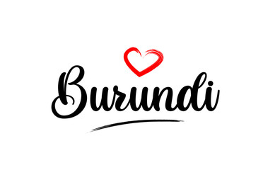 Burundi country name with red love heart and black text