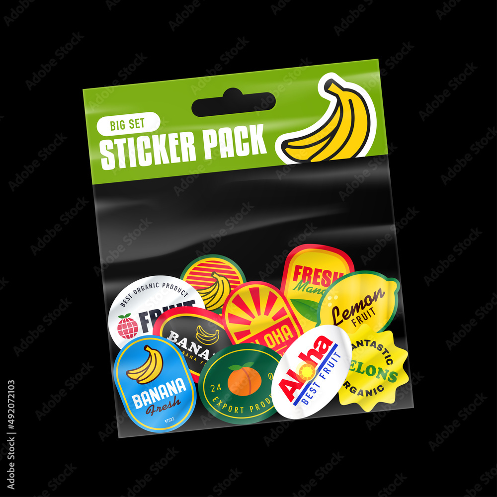 Wall mural fruit sticker pack. packaging with fruits stickers. peeled paper stickers. product packaging with tr