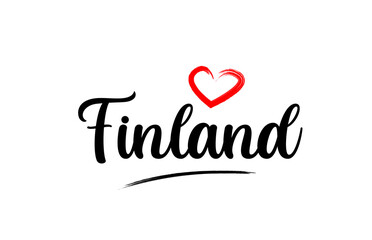 Finland country name with red love heart and black text