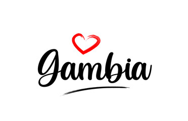 Fototapeta na wymiar Gambia country name with red love heart and black text