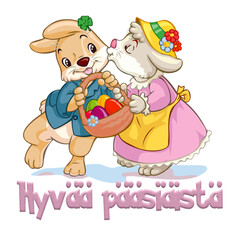 
Image, drawing depicting a bunny kissing a bunny with basket of Easter eggs, Happy Easter Finnish text