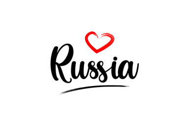 Russia country name with red love heart and black text