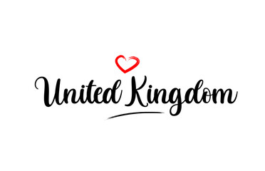 United Kingdom country name with red love heart and black text