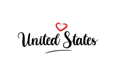 Fototapeta na wymiar United States country name with red love heart and black text
