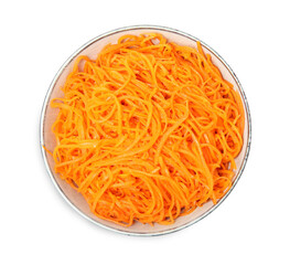 Delicious Korean carrot salad in bowl isolated on white, top view