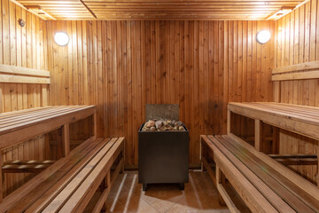 interior of empty dry finnish and russian sauna bath