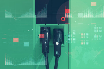Electric filling station on technological background. Graph of electricity price growth.