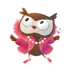 Party owl with cocktail and pearl necklace. Night life. Cute cartoon character
