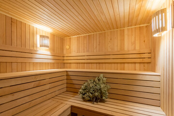 interior of empty dry finnish and russian sauna bath