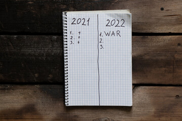 Notepad with the text of the year 2021 and 2022. Plans for the year 2022 war in Ukraine. All forces...