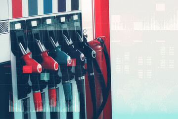 Gas station with fuel dispensers on technological background. Graph of rising prices for gasoline and fuel.