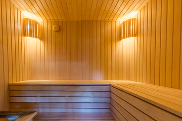 interior of empty dry finnish and russian sauna bath