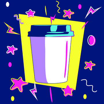 The 80s and 90s cup with funky colorful design style textures and objects mix. 80's and 90's pop art style vector illustration, use it for sticker, calendar, print, background, and poster