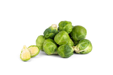 Fresh organic Brussels sprouts on white background.