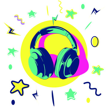 The 80s and 90s headphones with funky colorful design style textures and objects mix. 80's and 90's pop art style vector illustration, use it for sticker, calendar, print, background, and poster