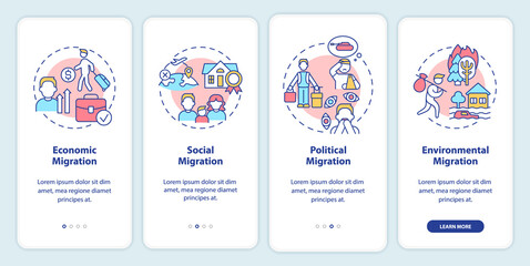 Reasons for migration onboarding mobile app screen. Leaving homeland walkthrough 4 steps graphic instructions pages with linear concepts. UI, UX, GUI template. Myriad Pro-Bold, Regular fonts used