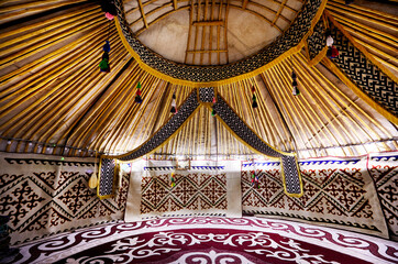 Ethnic nomadic yurt house interior in Kazakhstan
