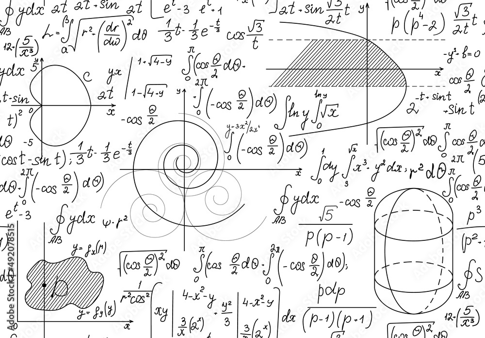 Poster mathematical vector seamless background with handwritten algebra and geometry formulas on a white pa