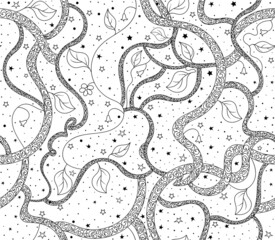 Decorative vector seamless pattern with hand drawn figured lines, leaves and stars