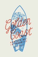 Golden coast surfboard tropical beach vintage typography surfing t-shirt print.