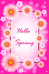 Spring card with soft pink flowers on a dark pink background.  Hello Spring illustration.