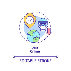Less crime concept icon. Social issues avoiding. Pull factor for migration abstract idea thin line illustration. Isolated outline drawing. Editable stroke. Arial, Myriad Pro-Bold fonts used