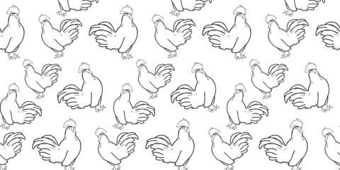 Seamless pattern with rooster or hen on a white background. Fresh. Poultry farm. Doodle, hand drawing. Suitable for wallpaper, web page background, surface textures, textile. © Tetiana Kasatkina
