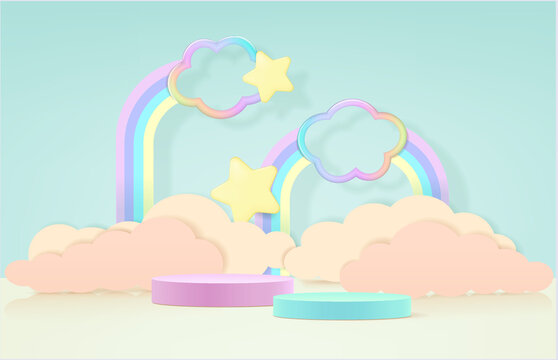 Stage podium decor with rainbows shape, clouds. 3d pedestal summer scene or platform for product stand. Vector illustration. Round podiums for kids product presentation.