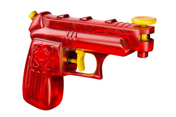 The vintage squirt gun toy plastic water pistol is shown in this 3D rendering. isolated on a white background.