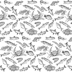 Graphic seamless pattern with fish and seafood elements, vector sketch style hand drawn illustration suitable for textile