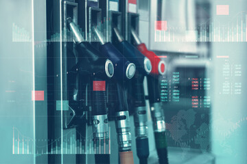 Gas station with fuel dispensers on technological background. Graph of rising prices for gasoline and fuel.