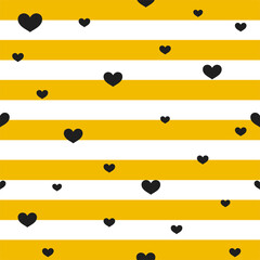 Heart on a striped yellow and white background. Beautiful seamless pattern with honey bees. Great illustration. Ideal for baby fabric, textile, packaging.
