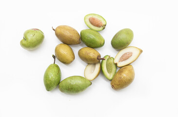 green raw and boil olive fruit isolated on white background, top view
