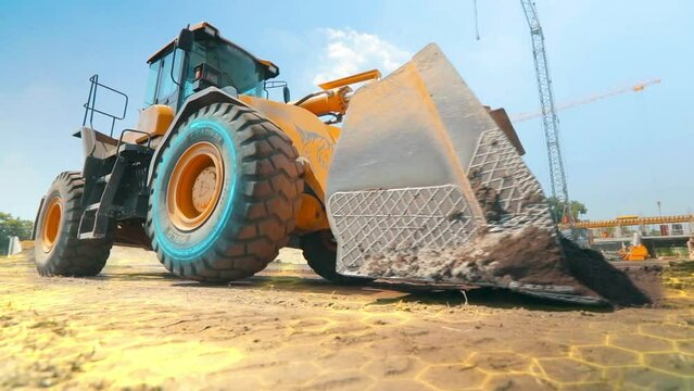 Bulldozer with HUD elements at a construction site. Modern bulldozer with animated graphics. Virtual reality concept at construction site