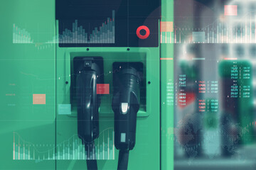 Electric filling station on technological background. Graph of electricity price growth.