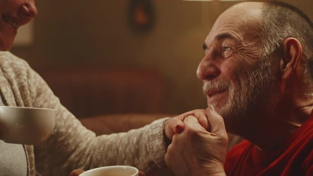 Elderly man kissing hand of happy woman and paying compliment while relaxing on couch and enjoying fresh tea in weekend at home