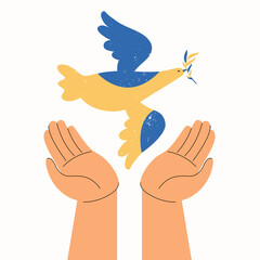 Pray for peace Ukraine. Stop War. Dove of peace in color of Ukrainian flag with an olive branch. Bird flies into the sky from the open palms. Conceptual vector flat illustration, banner, poster.