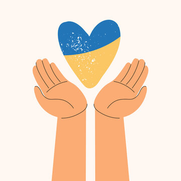 Pray for peace Ukraine. Stop War. Ukrainian flag in the shape of heart in the hands with open palms. Conceptual vector flat illustration, banner, poster.