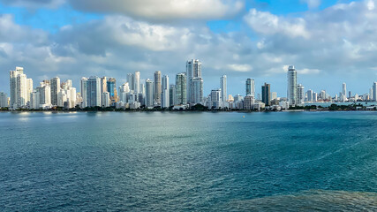 Naklejka premium Cartagena, Colombia, Bocagrande Harbor. City skyline and major port on northern coast of Colombia in Caribbean Coast Region. One of the most expensive and exclusive neighborhoods in the country.