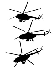 Silhouettes of military helicopter on a white background