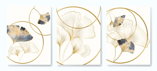 Abstract luxury art background with golden rings and ginkgo leaves. Botanical poster set for decoration, interior design, textile, packaging - obrazy, fototapety, plakaty