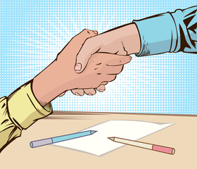 Illustration of a friendly handshake. Pop art retro comic book. images separated from the background