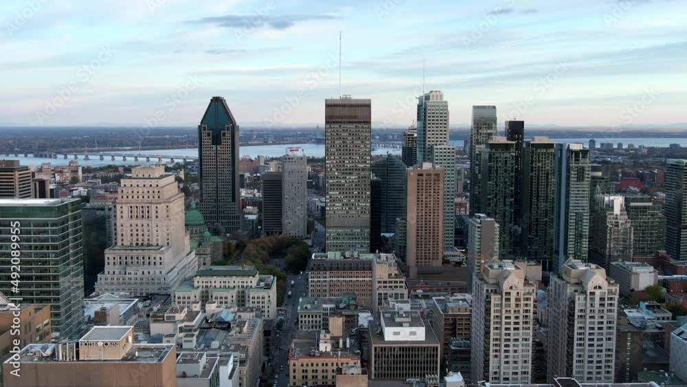 Wall mural Montreal, Quebec, Canada, aerial view of Montreal skyline showing modern buildings in the financial district.