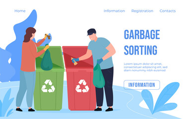 Garbage sorting information landing page user interface vector flat volunteers separation waste