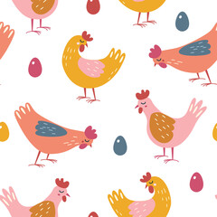 Seamless pattern with chickens and colorful eggs. Bright Easter pattern.