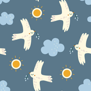 Seamless pattern with spring flying bird on sky background
